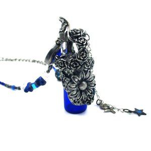 Cobalt Blue Bottle Lapis Quartz Suflower Roses Unique Necklace Boho Festival